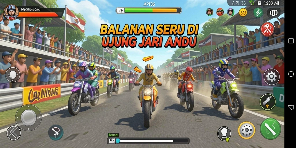 Tangkapan layar utama API36 menampilkan aksi balap yang mendebarkan.