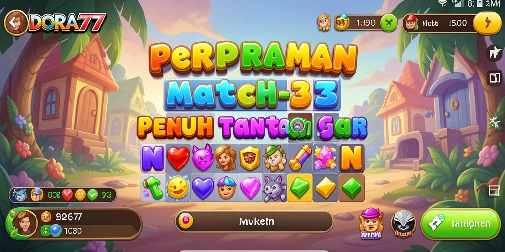Screenshot DORA77 dengan gameplay Match-3 yang seru dan menarik.