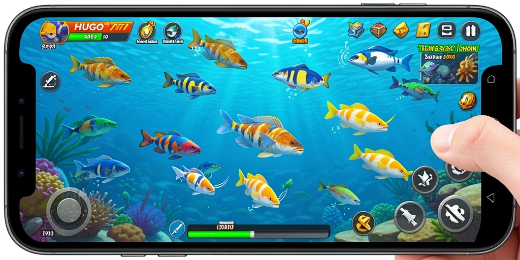 Tangkapan layar gameplay seru dari HUGO77, menunjukkan aksi Tembak Ikan yang menarik.