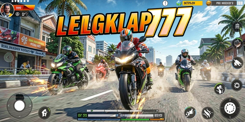 Gameplay menegangkan dalam LENGKAP777 dengan balapan motor cepat.