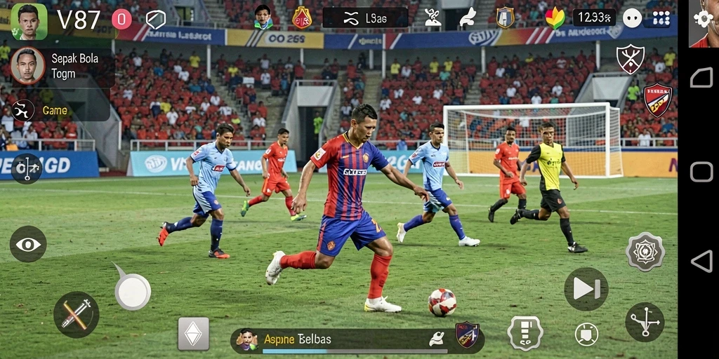 Tampilan menarik dari gameplay V87 dengan suasana sepak bola yang mendebarkan.